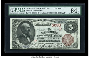 image for: San Francisco, CA - $5 1882 Brown Back Fr. 475 The San Francisco NB Ch. # (P)5096...