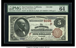 image for: San Francisco, CA - $5 1882 Brown Back Fr. 475 The San Francisco NB Ch. # (P)5096...