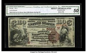 image for: Baxter Springs, KS - $100 1882 Brown Back Fr. 530 The Baxter NB Ch. # (W)5952...