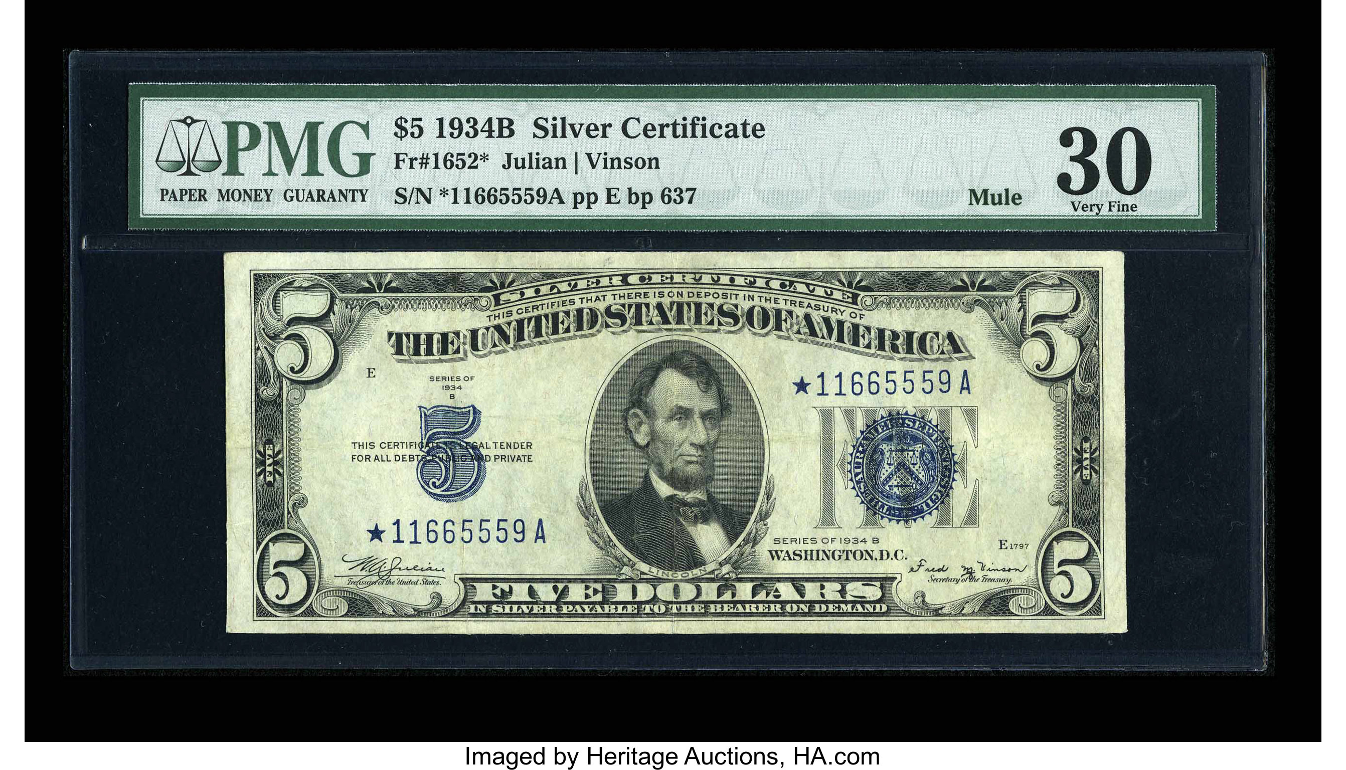 image for: Fr. 1652* $5 1934B Mule Silver Certificate. PMG Very Fine 30....