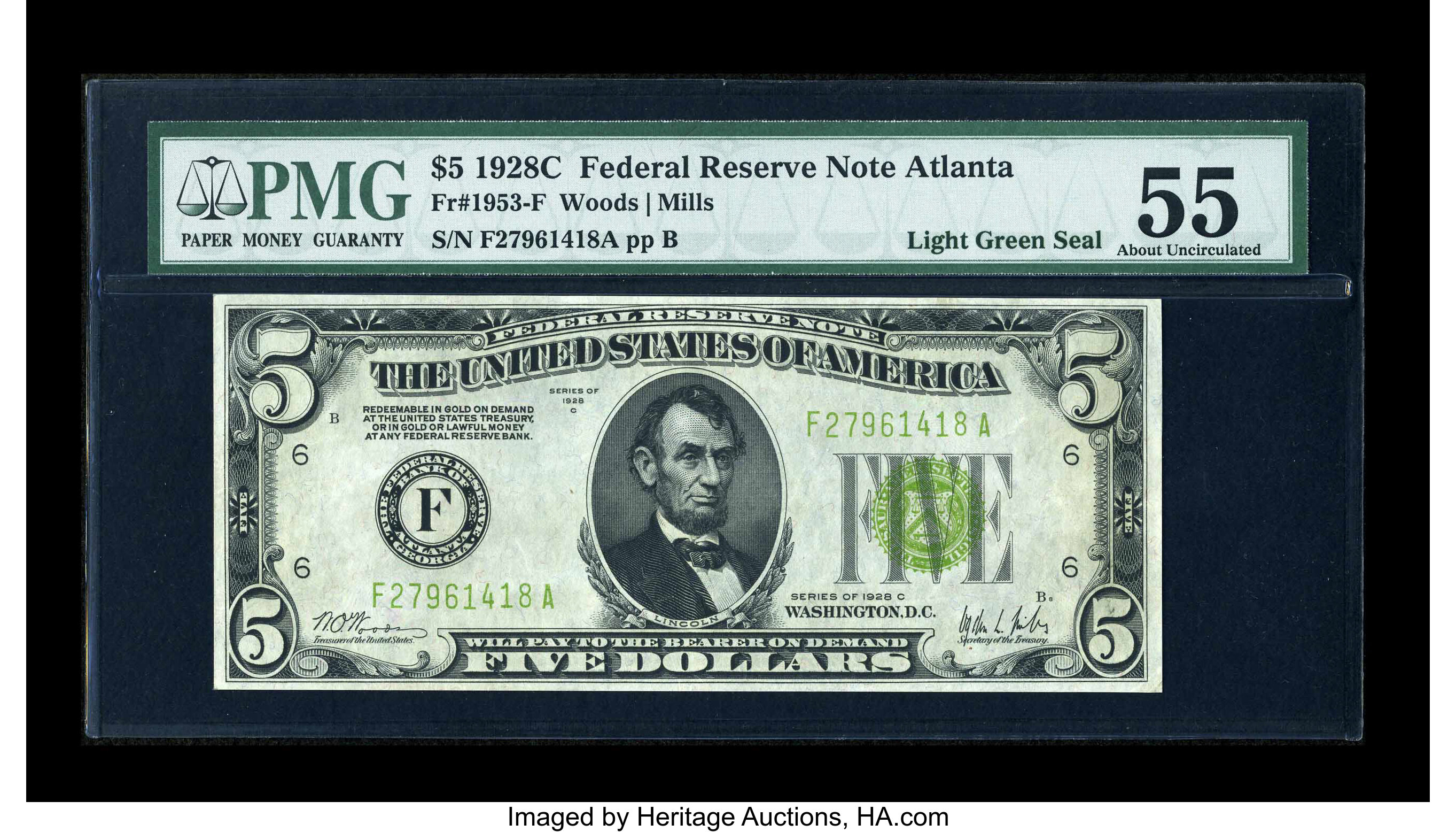 image for: Fr. 1953-F $5 1928C Light Green Seal Federal Reserve Note. PMG About Uncirculated 55....