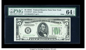 image for: Fr. 1959-B* $5 1934C Wide Federal Reserve Note. PMG Choice Uncirculated 64 EPQ....