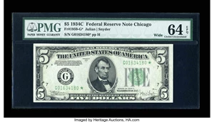 image for: Fr. 1959-G* $5 1934C Wide Federal Reserve Note. PMG Choice Uncirculated 64 EPQ....