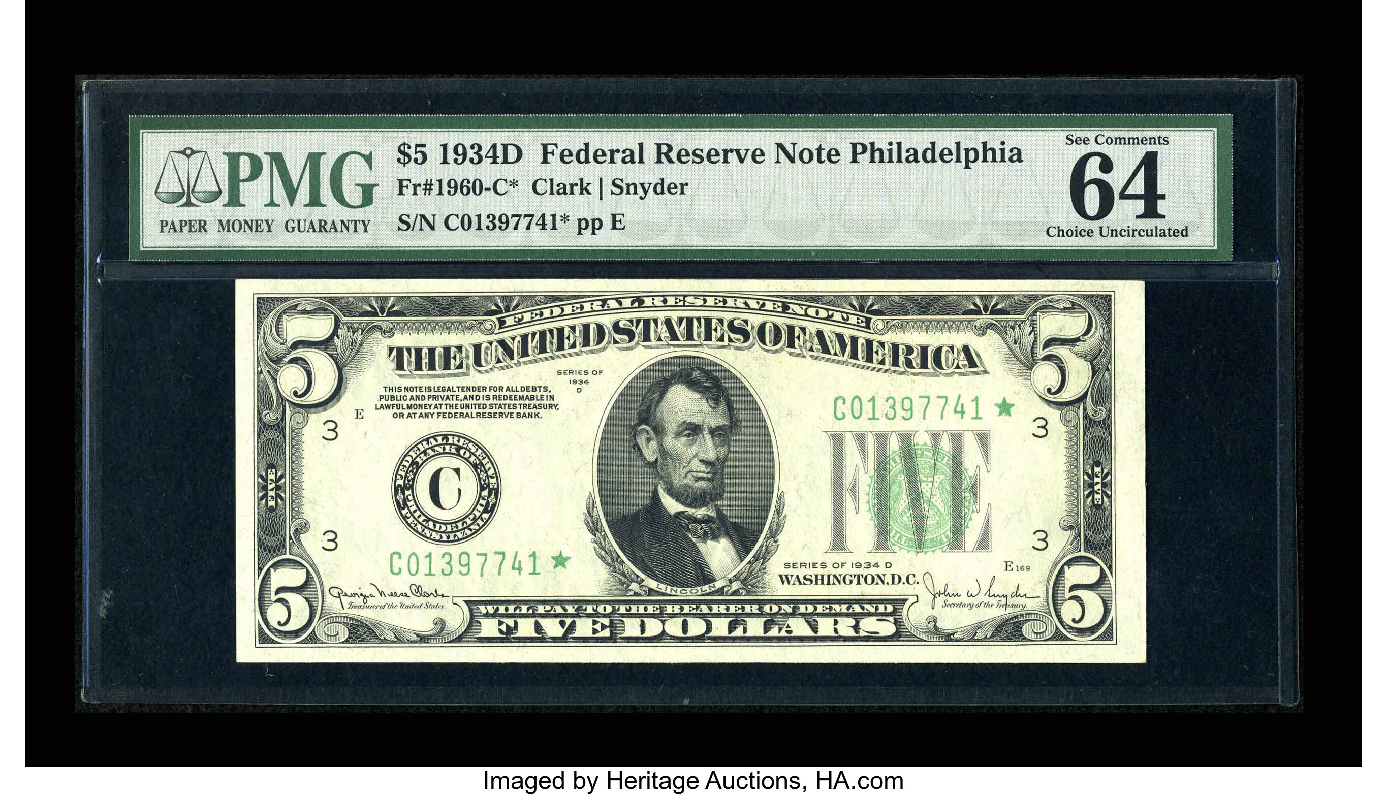 image for: Fr. 1960-C* $5 1934D Federal Reserve Note. PMG Choice Uncirculated 64 EPQ....