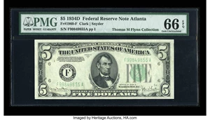 image for: Fr. 1960-F $5 1934D Federal Reserve Note. PMG Gem Uncirculated 66 EPQ....