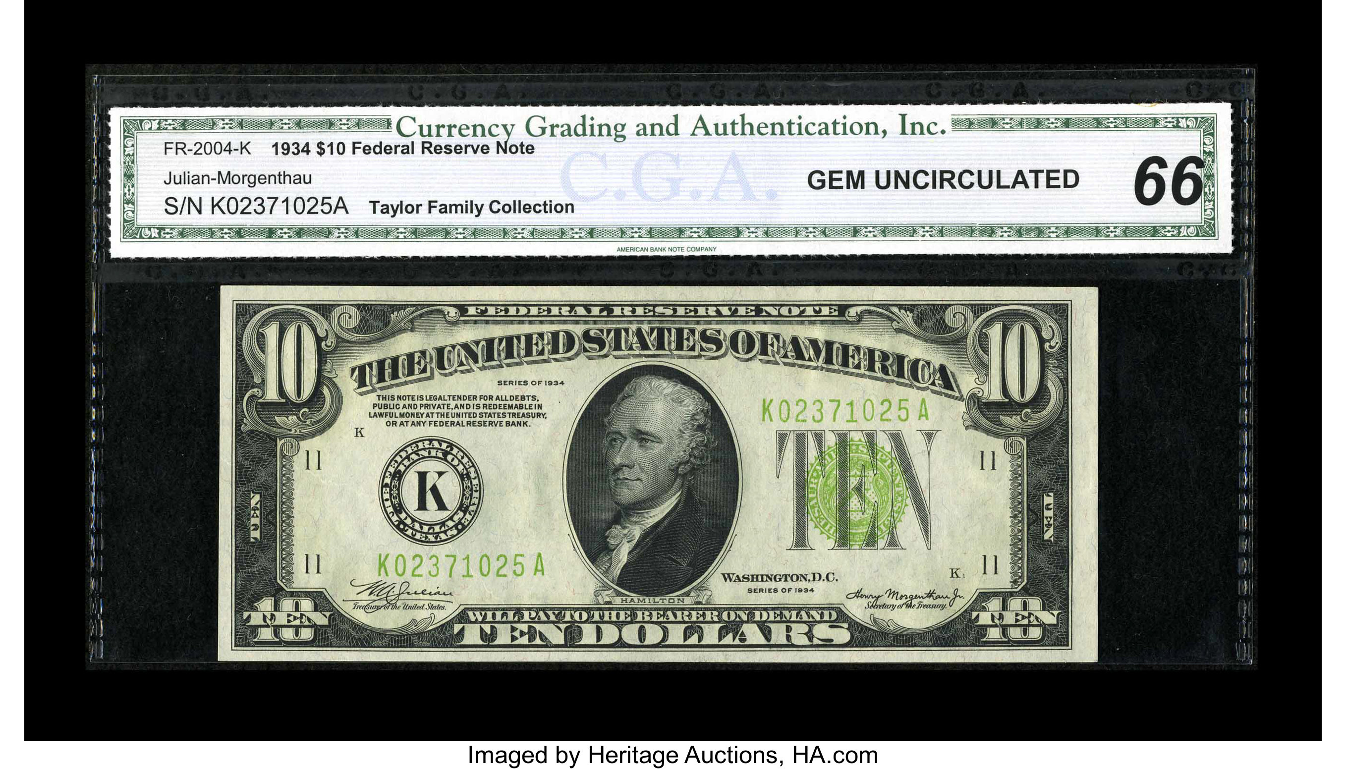 image for: Fr. 2004-K $10 1934 Light Green Seal Federal Reserve Note. CGA Gem Uncirculated 66....
