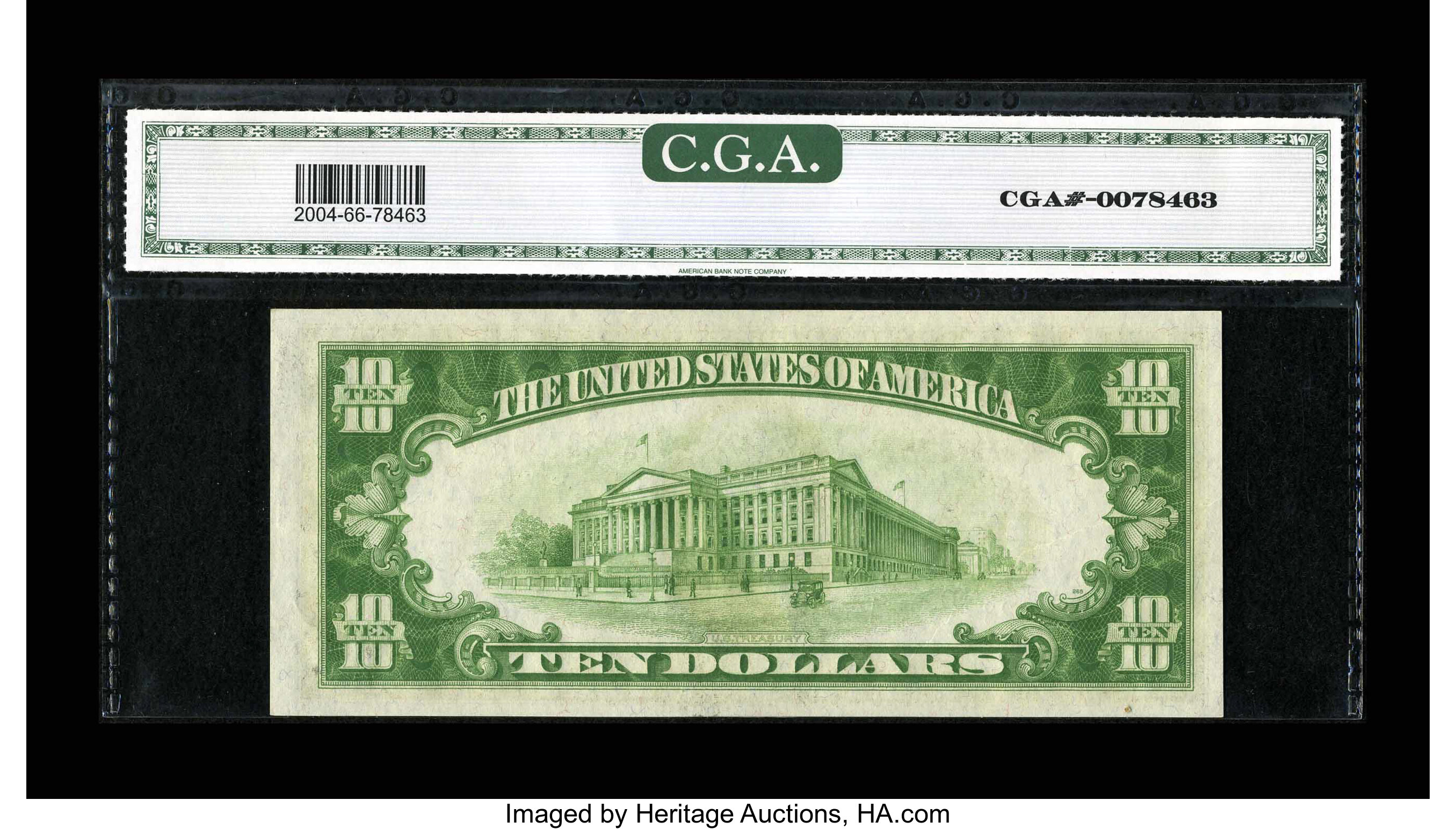image for: Fr. 2004-K $10 1934 Light Green Seal Federal Reserve Note. CGA Gem Uncirculated 66....
