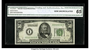 image for: Fr. 2100-A $50 1928 Federal Reserve Note. CGA Gem Uncirculated 65....