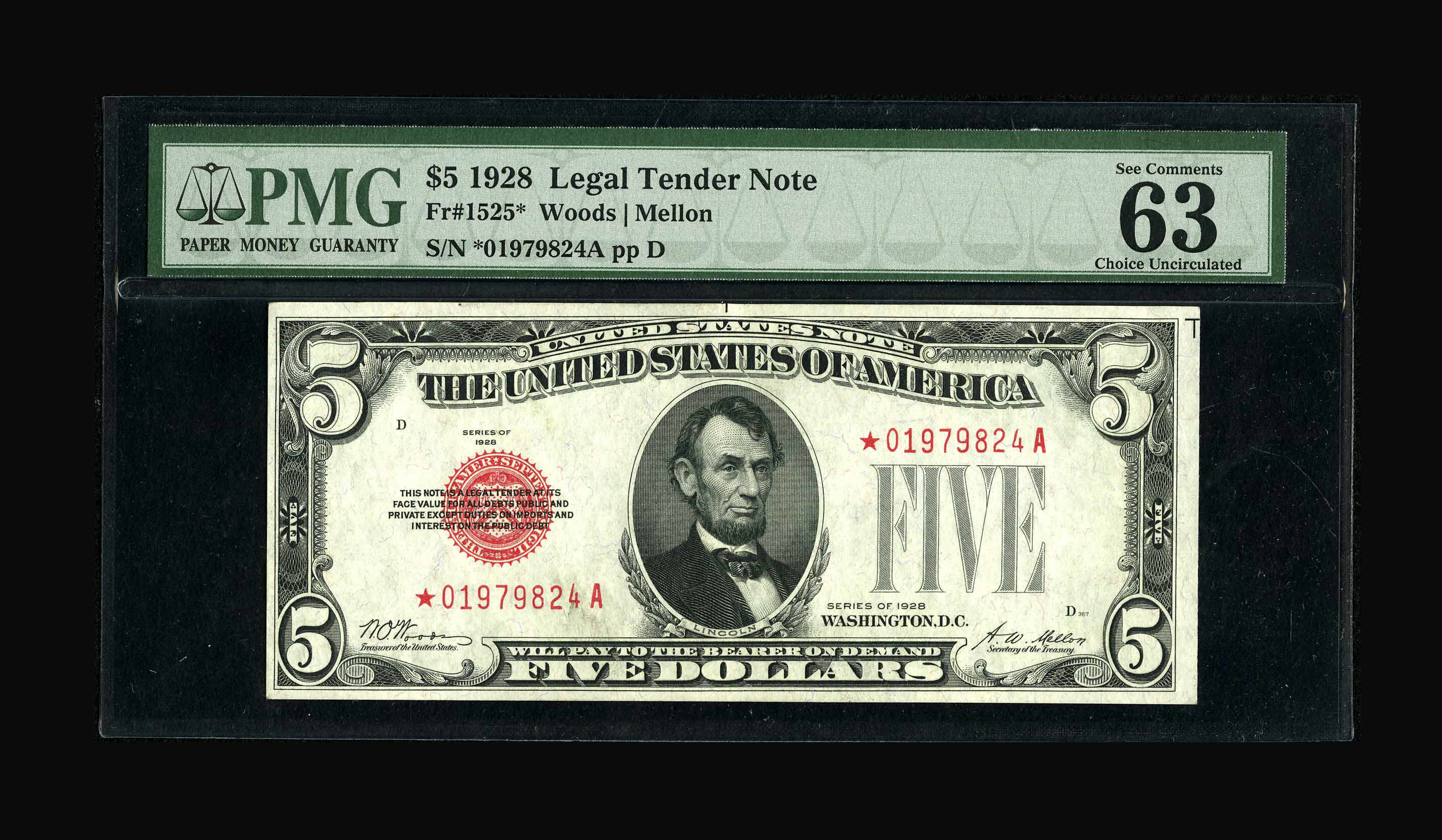 image for: Fr. 1525* $5 1928 Legal Tender Note. PMG Choice Uncirculated 63 EPQ....