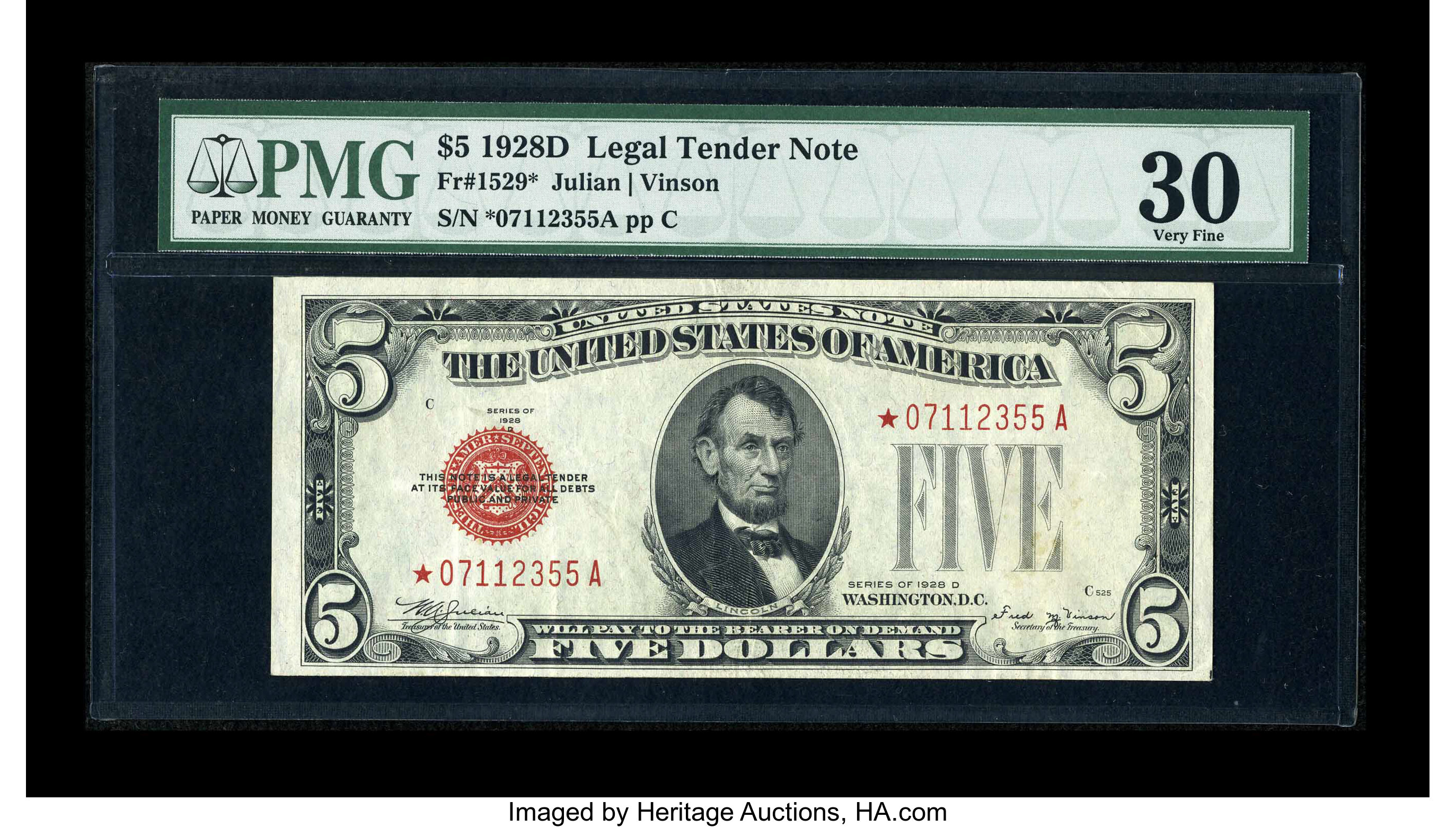 image for: Fr. 1529* $5 1928D Legal Tender Note. PMG Very Fine 30....