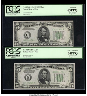 image for: Fr. 1956-G/Fr. 1957-G $5 1934 Mule/1934-A Federal Reserve Notes. Changeover Pair. PCGS Choice New 63PPQ and Very Choice New 64...