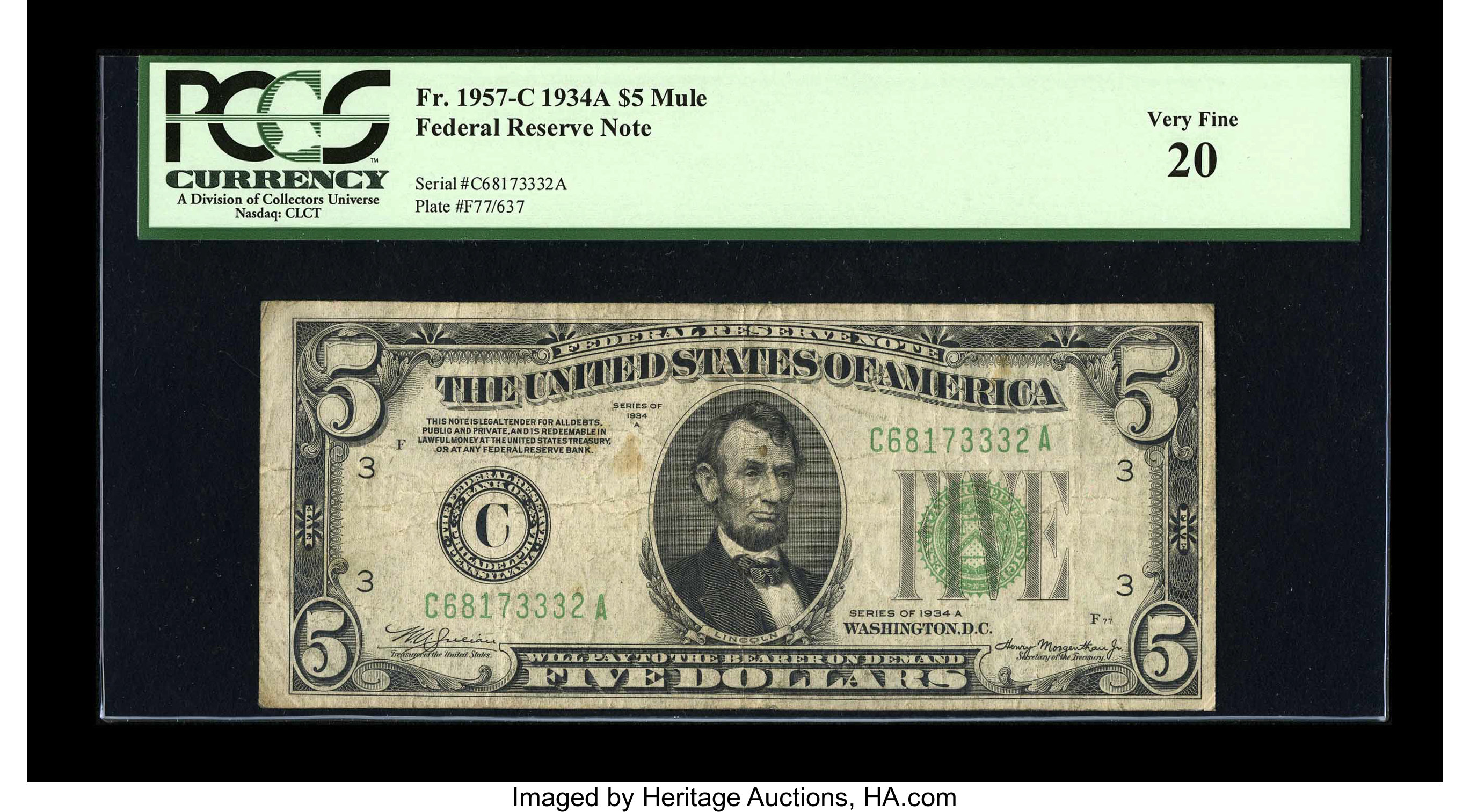 image for: Fr. 1957-C $5 1934A Mule Federal Reserve Note. BP 637. PCGS Very Fine 20....