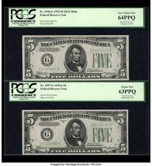 image for: Fr. 1957-G/Fr. 1956-G $5 1934A/1934 Mule Federal Reserve Notes. Reverse Changeover Pair. PCGS Choice New 63PPQ and Very Choice...
