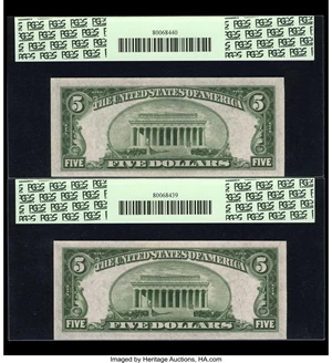 image for: Fr. 1957-G/Fr. 1956-G $5 1934A/1934 Mule Federal Reserve Notes. Reverse Changeover Pair. PCGS Choice New 63PPQ and Very Choice...