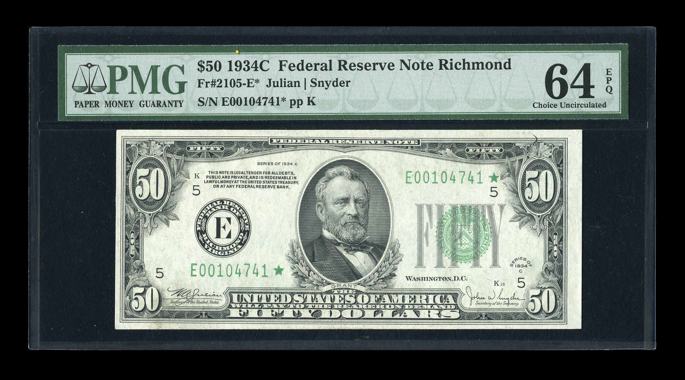 image for: Fr. 2105-E* $50 1934C Federal Reserve Note. PMG Choice Uncirculated 64 EPQ....