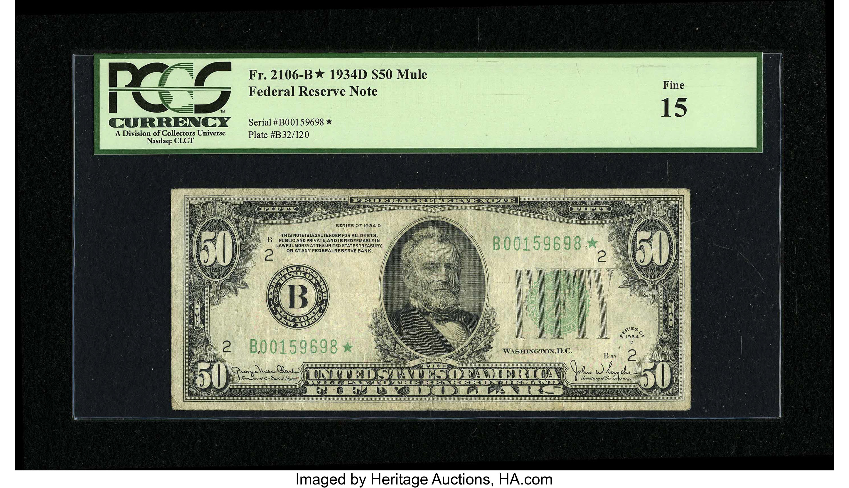 image for: Fr. 2106-B* $50 1934D Federal Reserve Note. PCGS Fine 15....