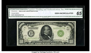 image for: Fr. 2210-D $1000 1928 Federal Reserve Note. CGA Gem Uncirculated 65....
