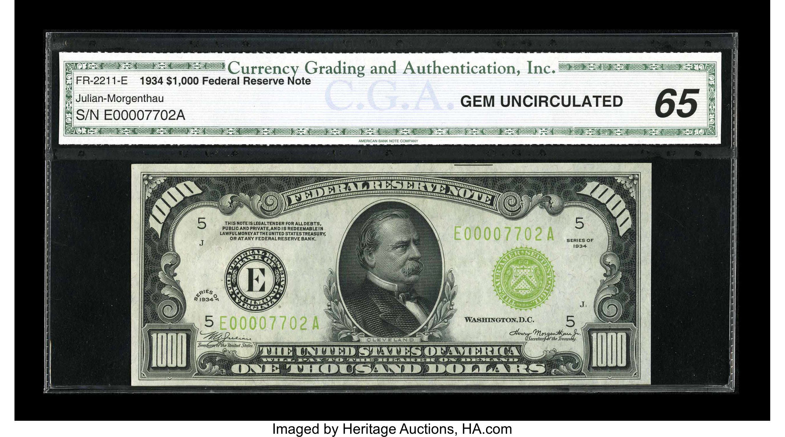image for: Fr. 2211-E $1000 1934 Federal Reserve Note. CGA Gem Uncirculated 65....