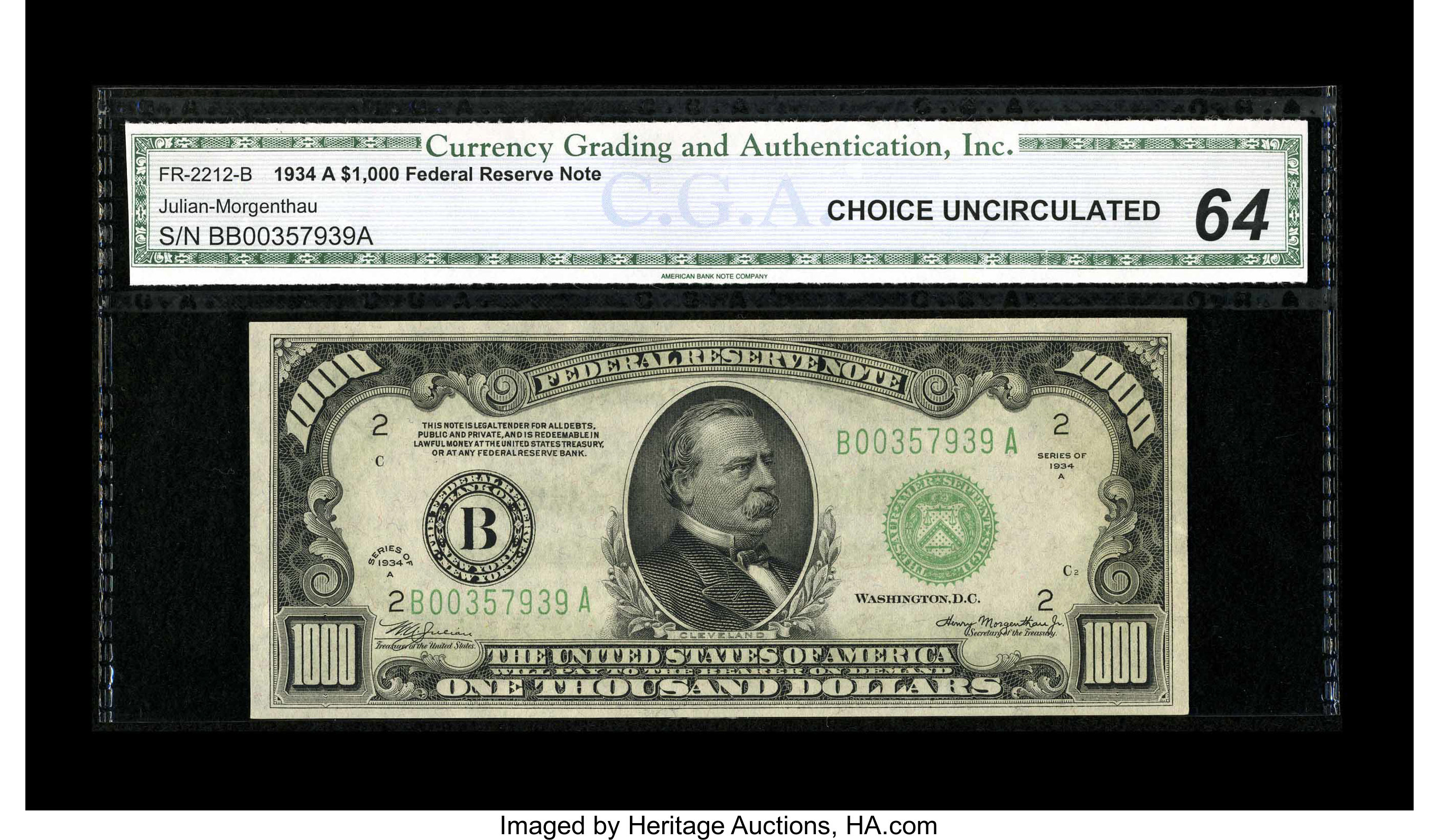 image for: Fr. 2212-B $1000 1934A Federal Reserve Note. CGA Choice Uncirculated 64....