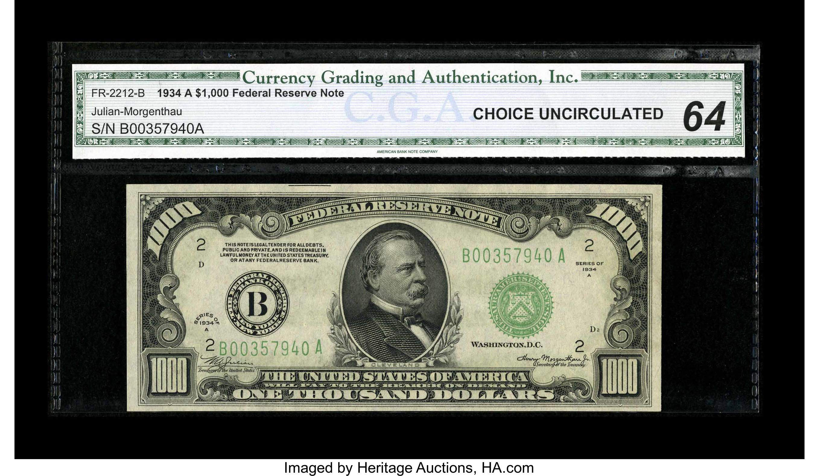 image for: Fr. 2212-B $1000 1934A Federal Reserve Note. CGA Choice Uncirculated 64....