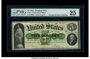 image for: Fr. 3 $5 1861 Demand Note PMG Very Fine 25....