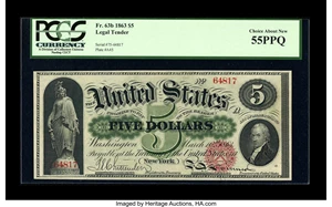 image for: Fr. 63b $5 1863 Legal Tender PCGS Choice About New 55PPQ....