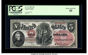 image for: Fr. 67 $5 1875 Legal Tender PCGS Choice About New 55....