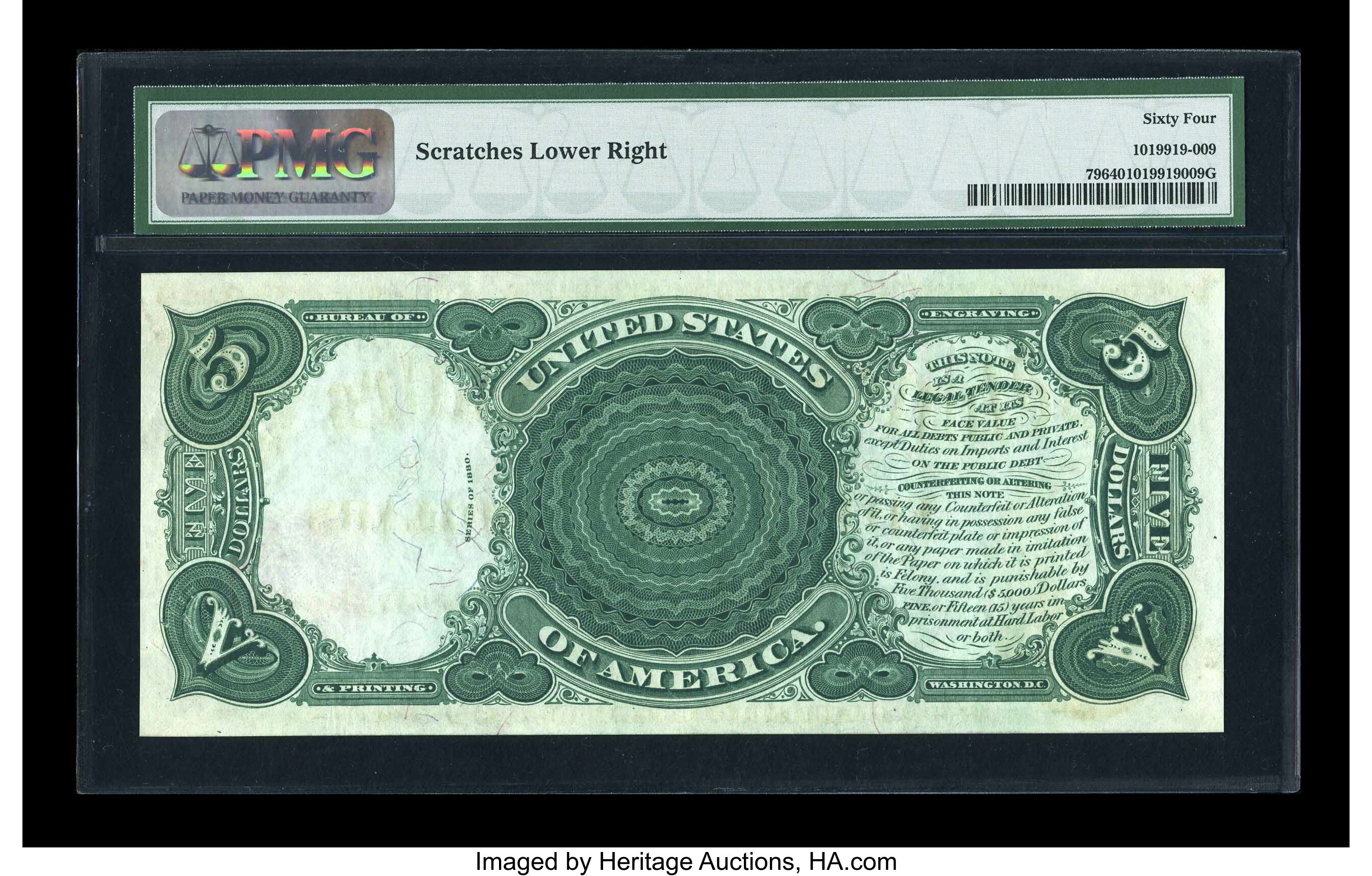 image for: Fr. 79 $5 1880 Legal Tender PMG Choice Uncirculated 64....