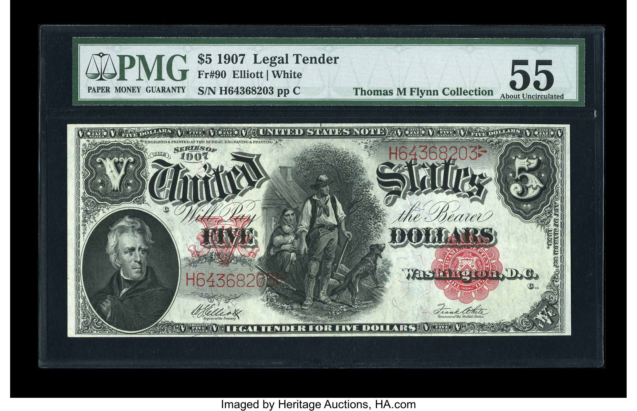 image for: Fr. 90 $5 1907 Legal Tender PMG About Uncirculated 55....