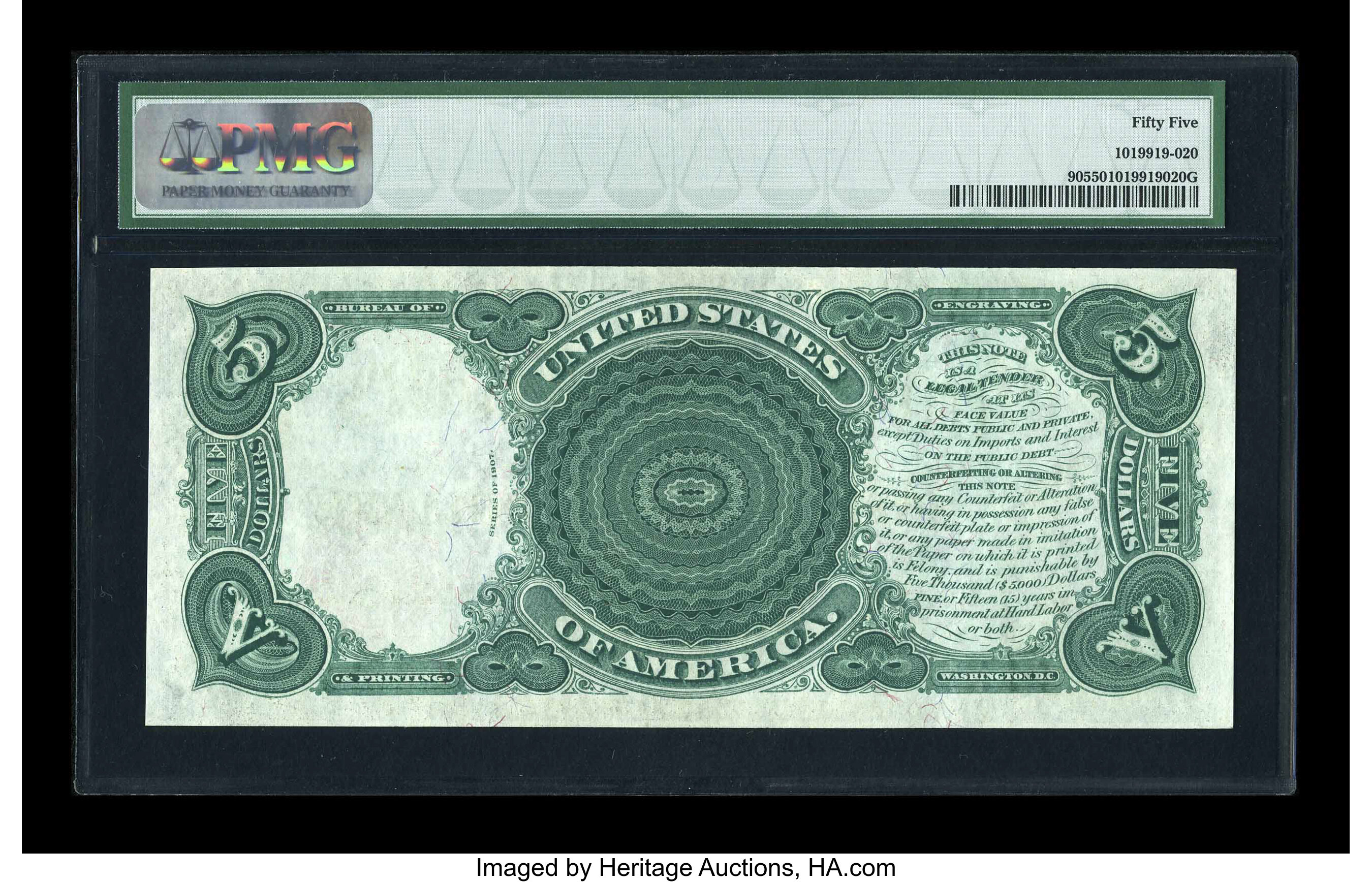 image for: Fr. 90 $5 1907 Legal Tender PMG About Uncirculated 55....