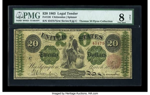 image for: Fr. 126 $20 1863 Legal Tender PMG Very Good 8 NET....