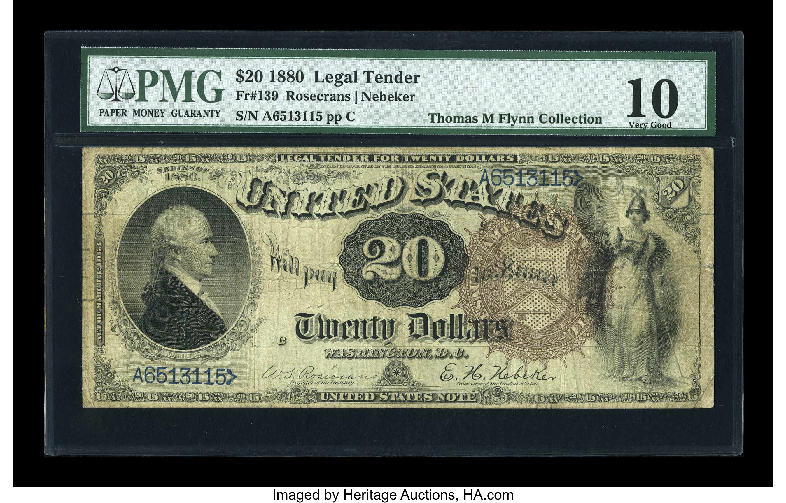 image for: Fr. 139 $20 1880 Legal Tender PMG Very Good 10....