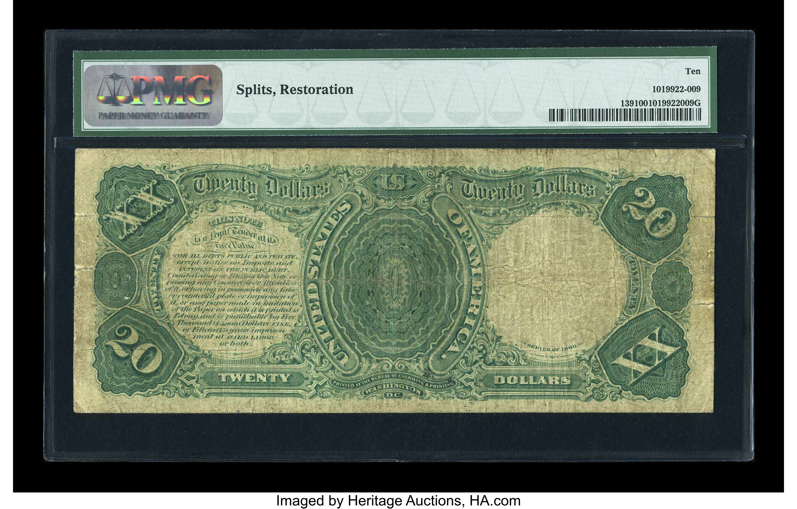 image for: Fr. 139 $20 1880 Legal Tender PMG Very Good 10....