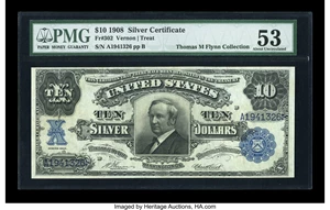 image for: Fr. 302 $10 1908 Silver Certificate PMG About Uncirculated 53....