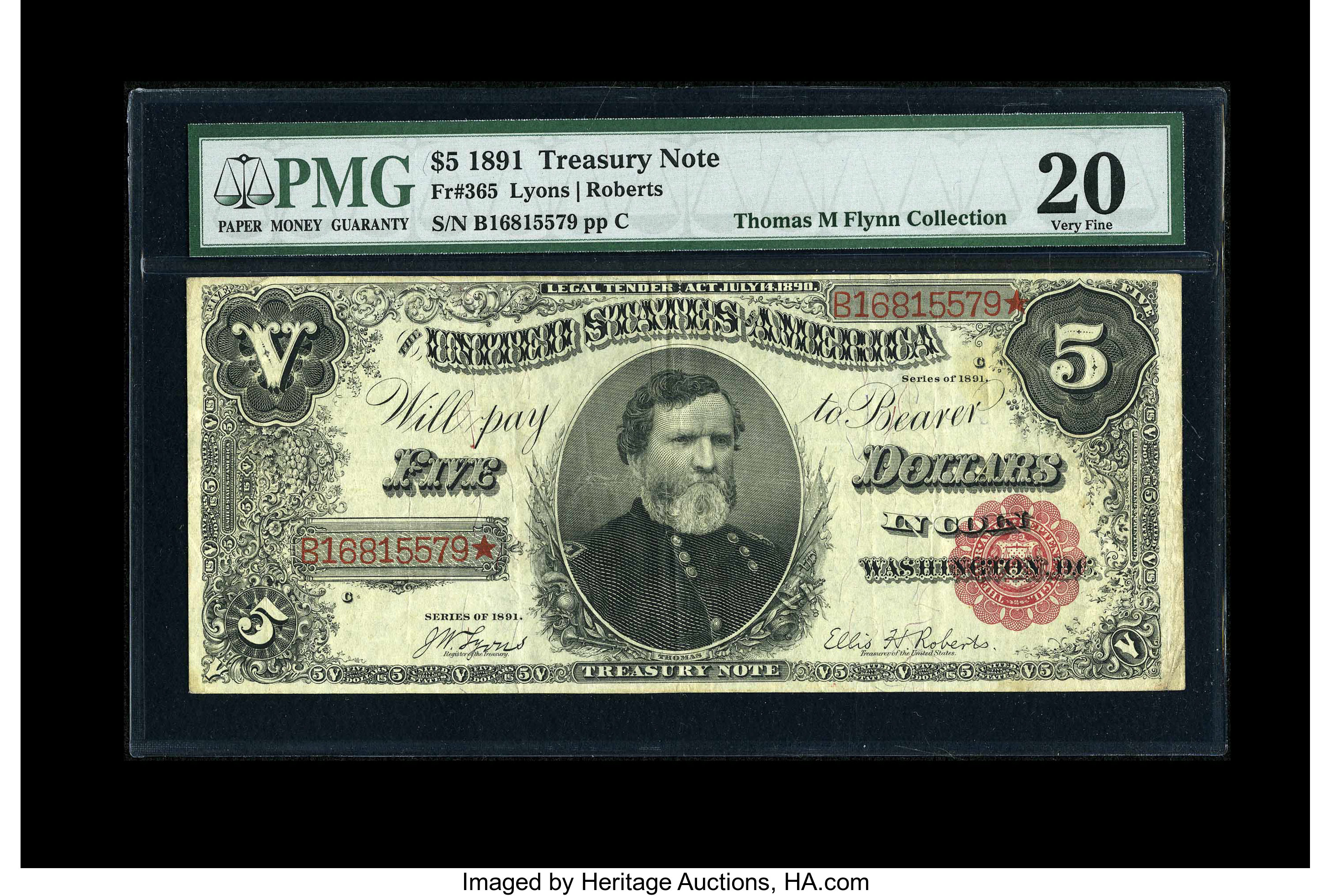 image for: Fr. 365 $5 1891 Treasury Note PMG Very Fine 20....