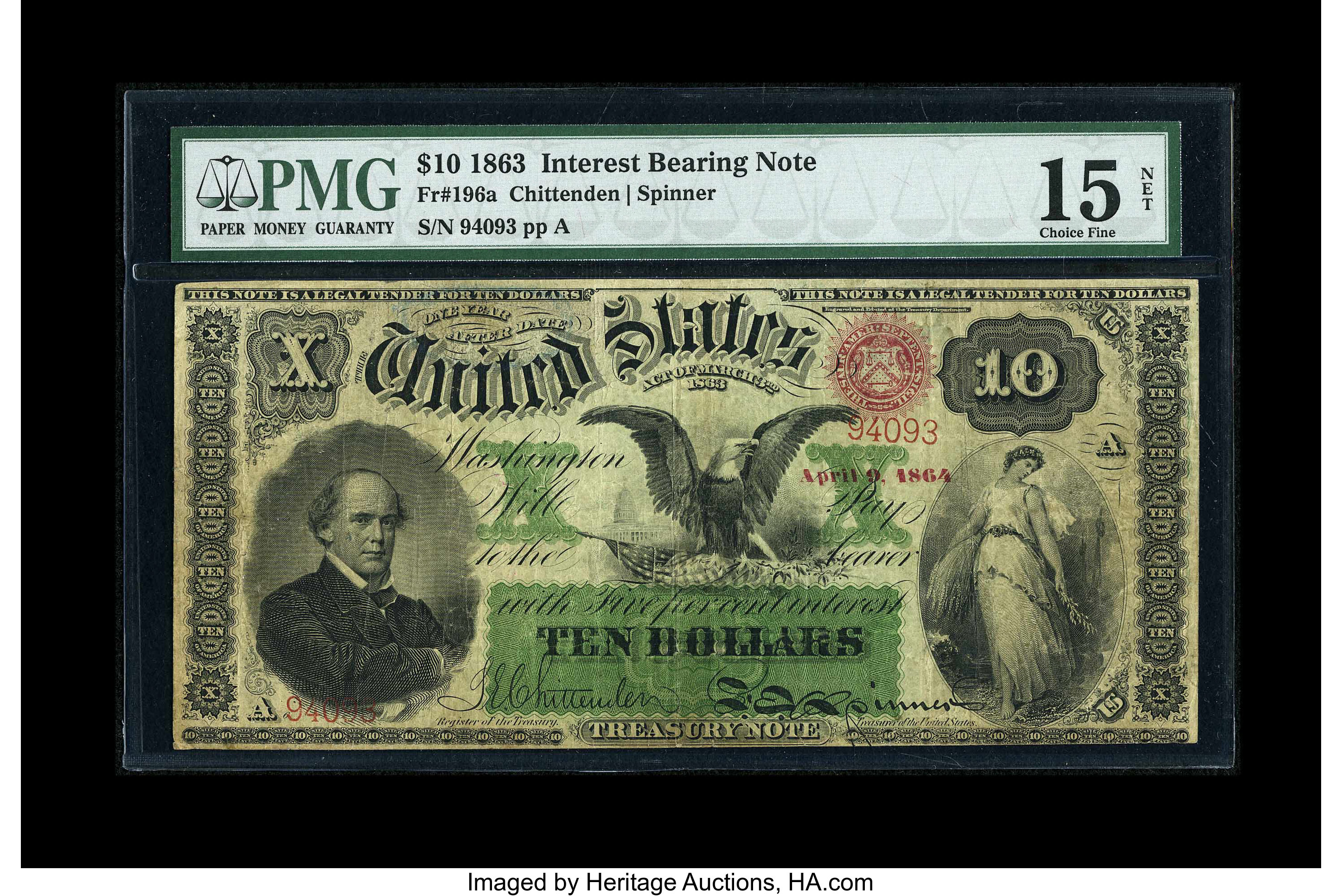 image for: Fr. 196a $10 1863 Interest Bearing Note PMG Choice Fine 15 NET....