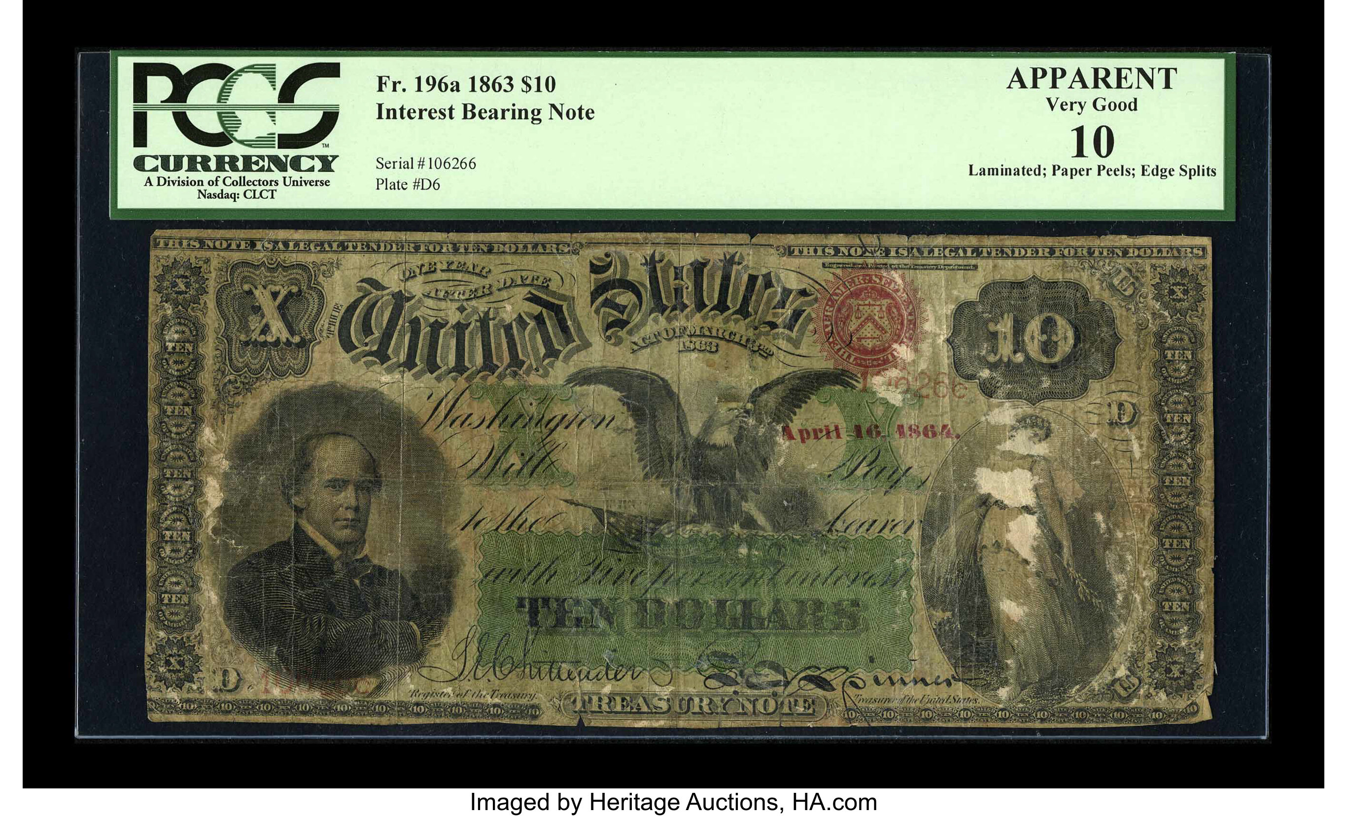 image for: Fr. 196a $10 1863 Interest Bearing Note PCGS Apparent Very Good 10....