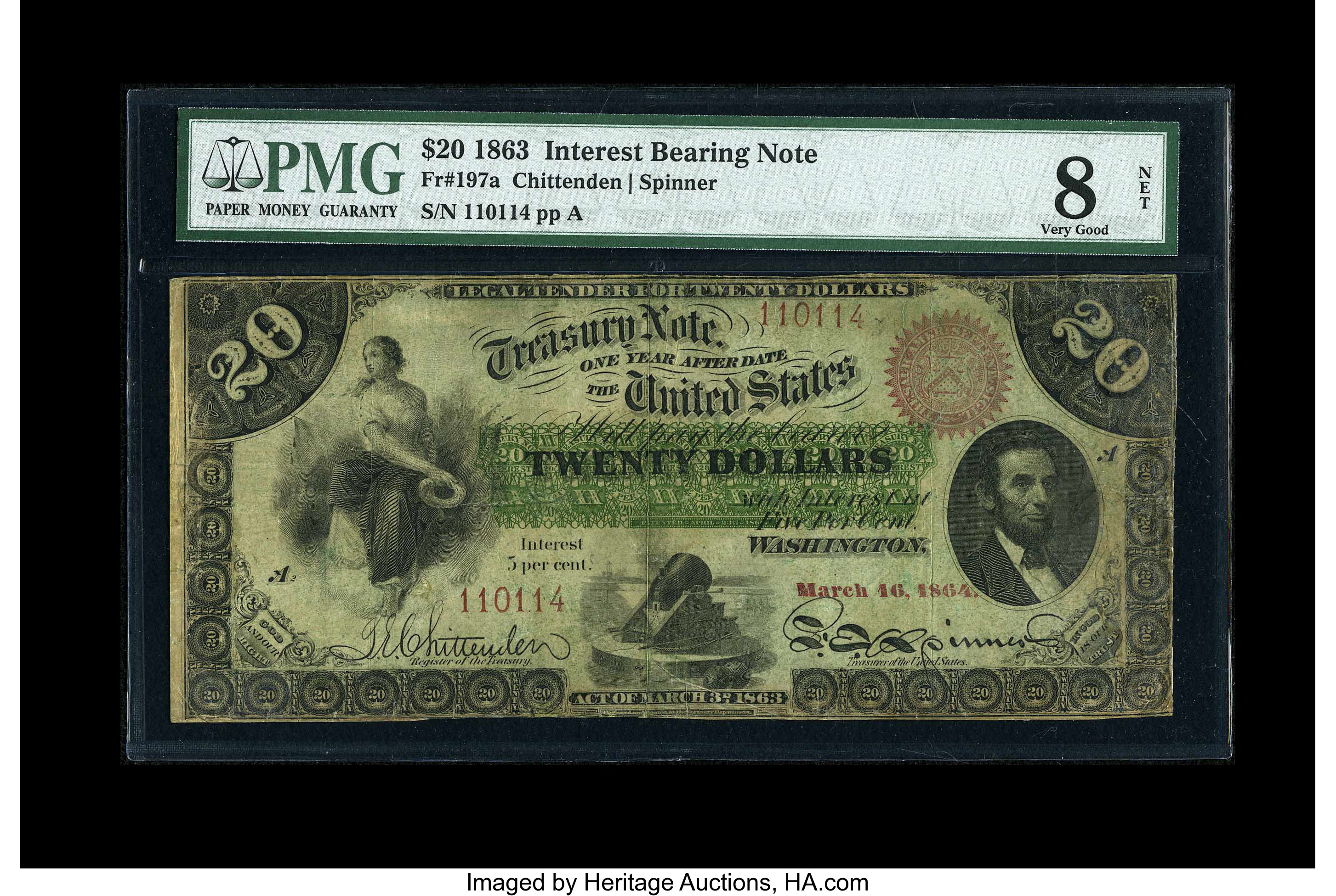 image for: Fr. 197a $20 1863 Interest Bearing Note PMG Very Good 8 NET....