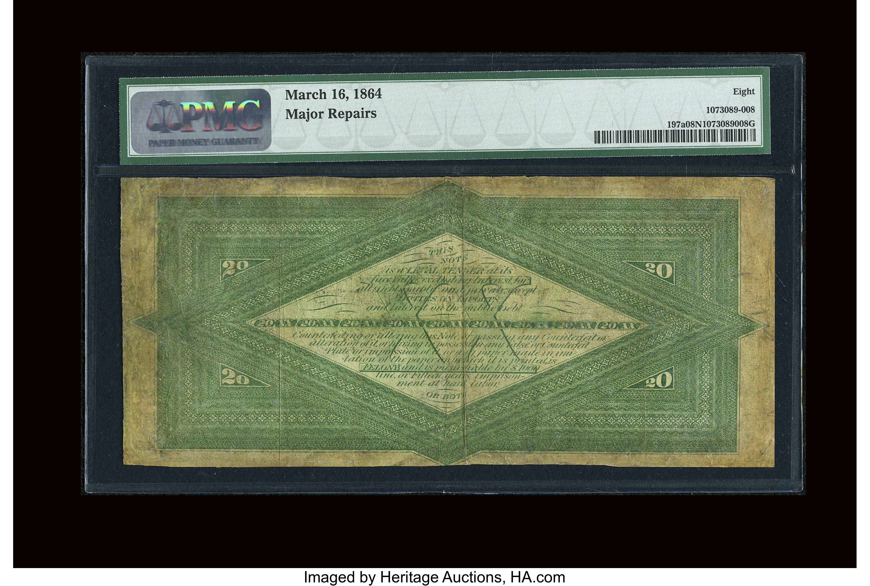 image for: Fr. 197a $20 1863 Interest Bearing Note PMG Very Good 8 NET....