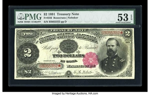 image for: Fr. 356 $2 1891 Treasury Note PMG About Uncirculated 53 EPQ....
