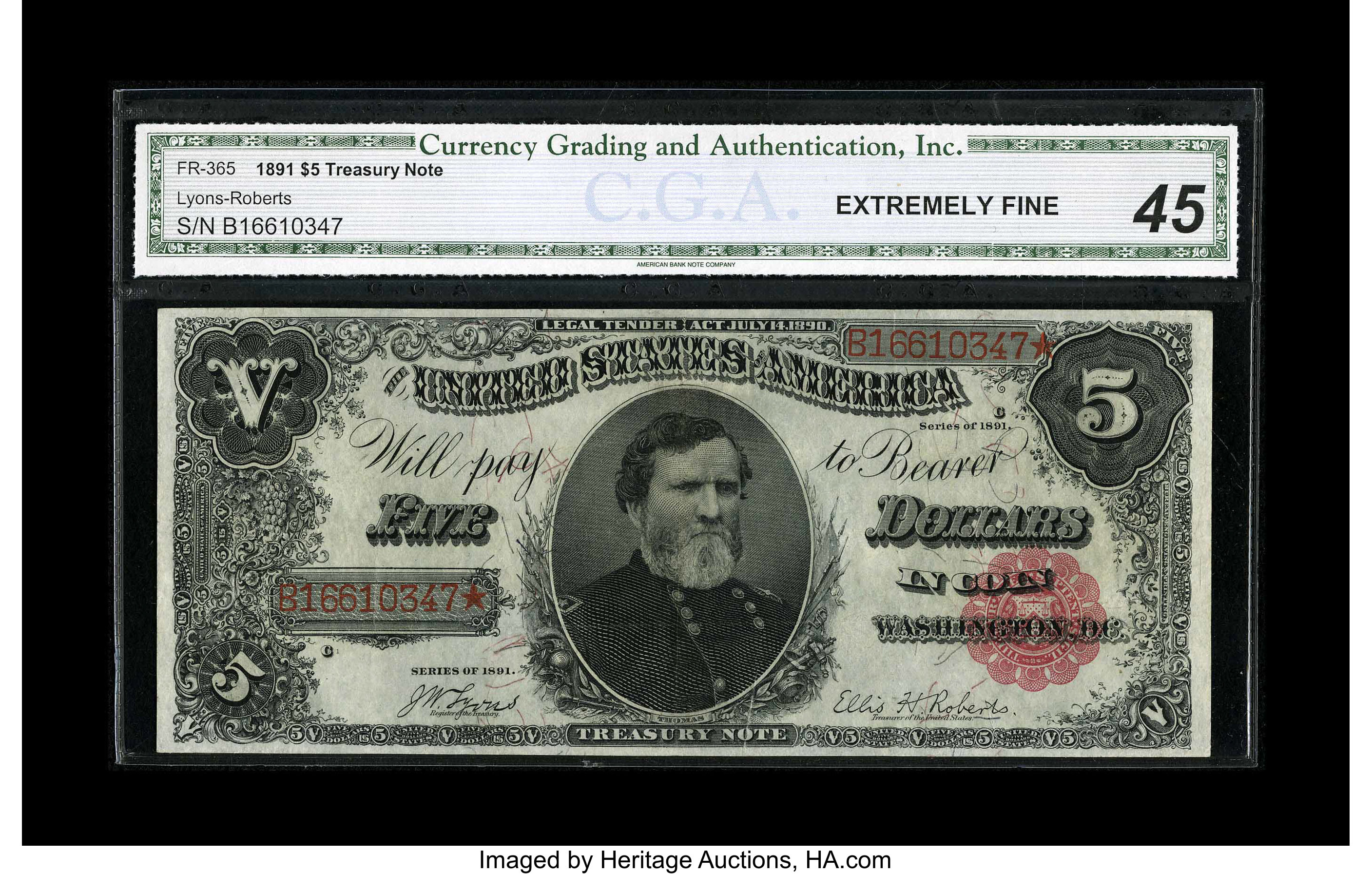 image for: Fr. 365 $5 1891 Treasury Note CGA Extremely Fine 45....
