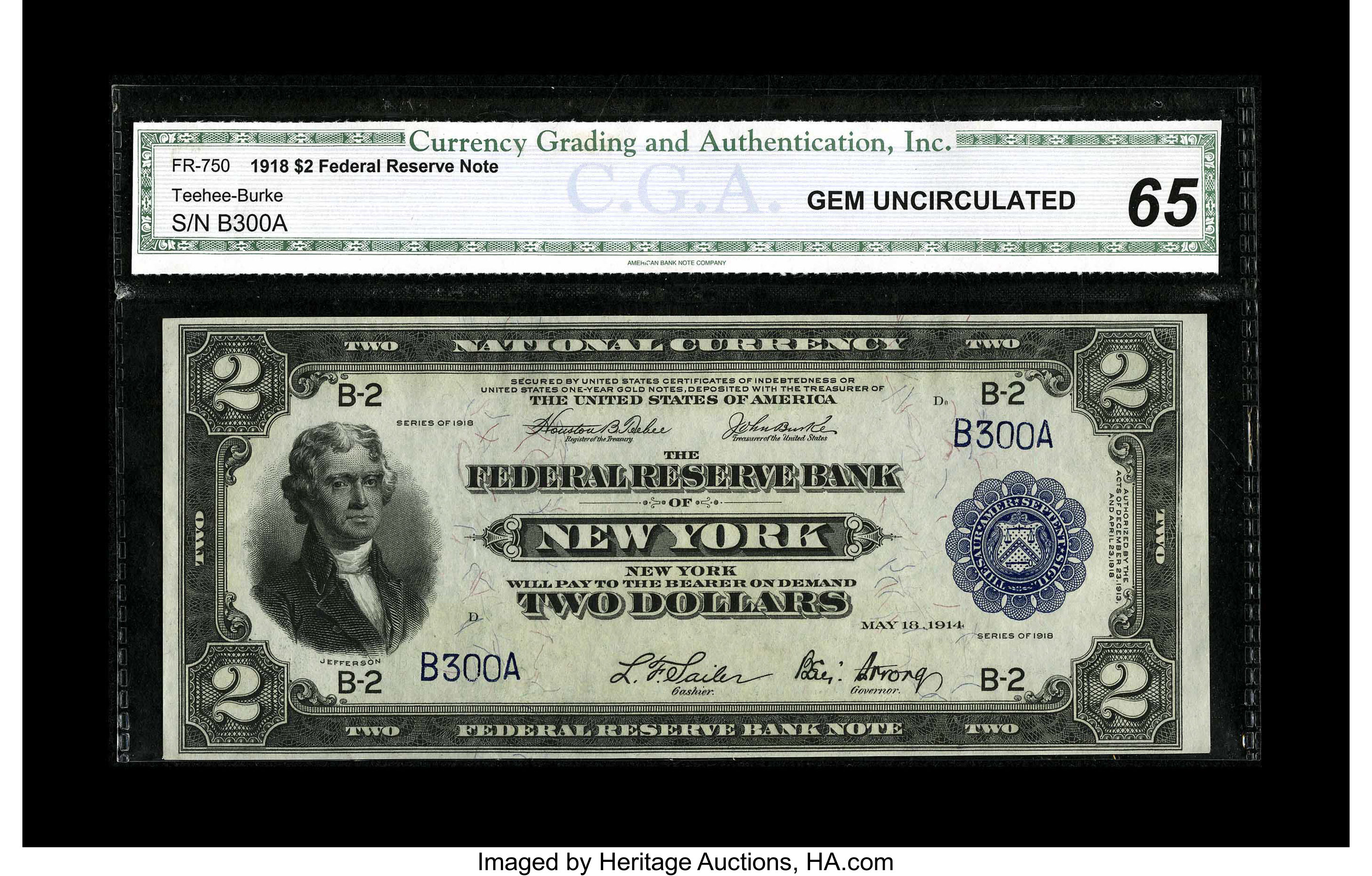 image for: Fr. 750 $2 1918 Federal Reserve Bank Note CGA Gem Uncirculated 65....