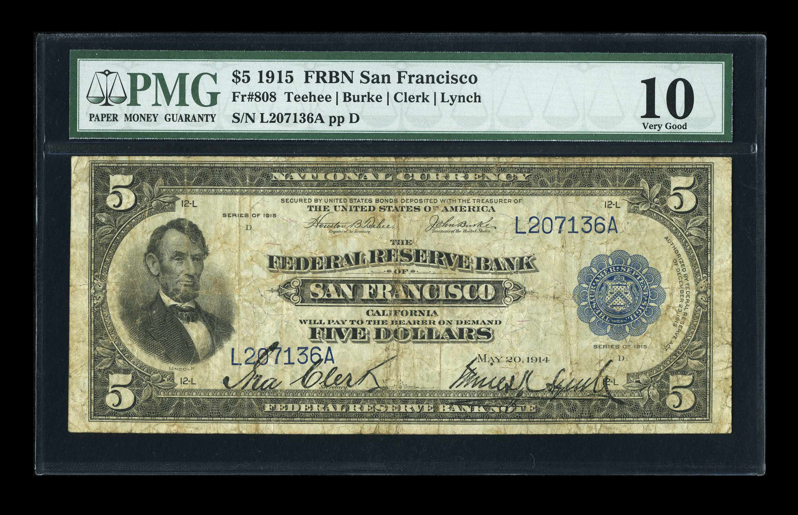 image for: Fr. 808 $5 1915 Federal Reserve Bank Note PMG Very Good 10....