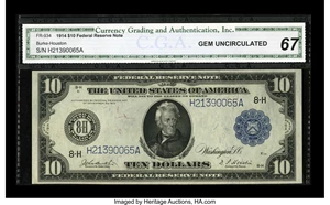 image for: Fr. 934 $10 1914 Federal Reserve Note CGA Gem Uncirculated 67....