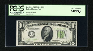 image for: Fr. 2004-C $10 1934 DGS Federal Reserve Note. PCGS Very Choice New 64PPQ....