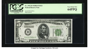 image for: Fr. 1952-D $5 1928B Dark Green Seal Federal Reserve Note. PCGS Very Choice New 64PPQ....