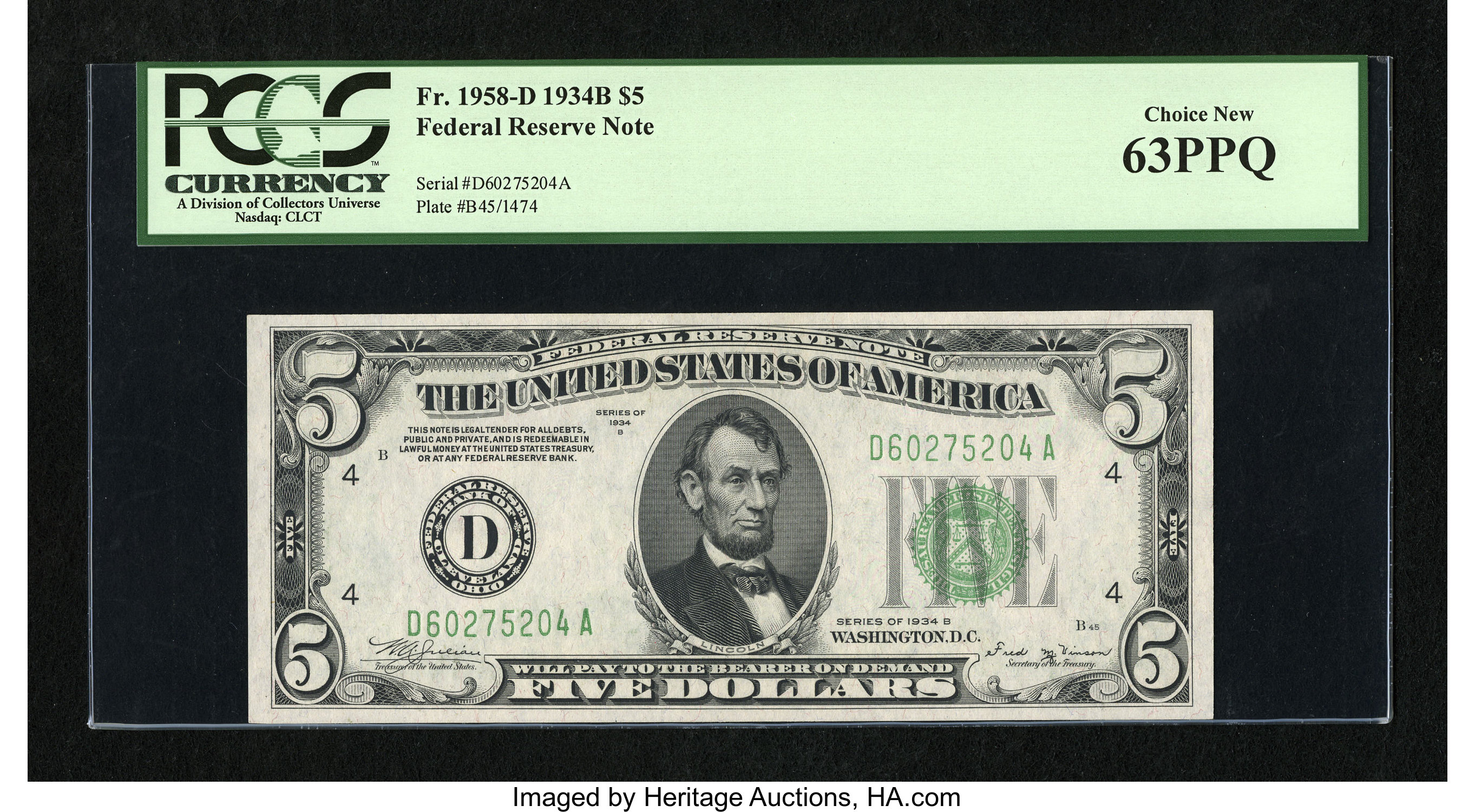 image for: Fr. 1958-D $5 1934B Federal Reserve Note. PCGS Choice New 63PPQ....