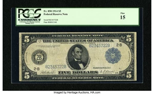 image for: Fr. 850 $5 1914 Federal Reserve Note PCGS Fine 15....