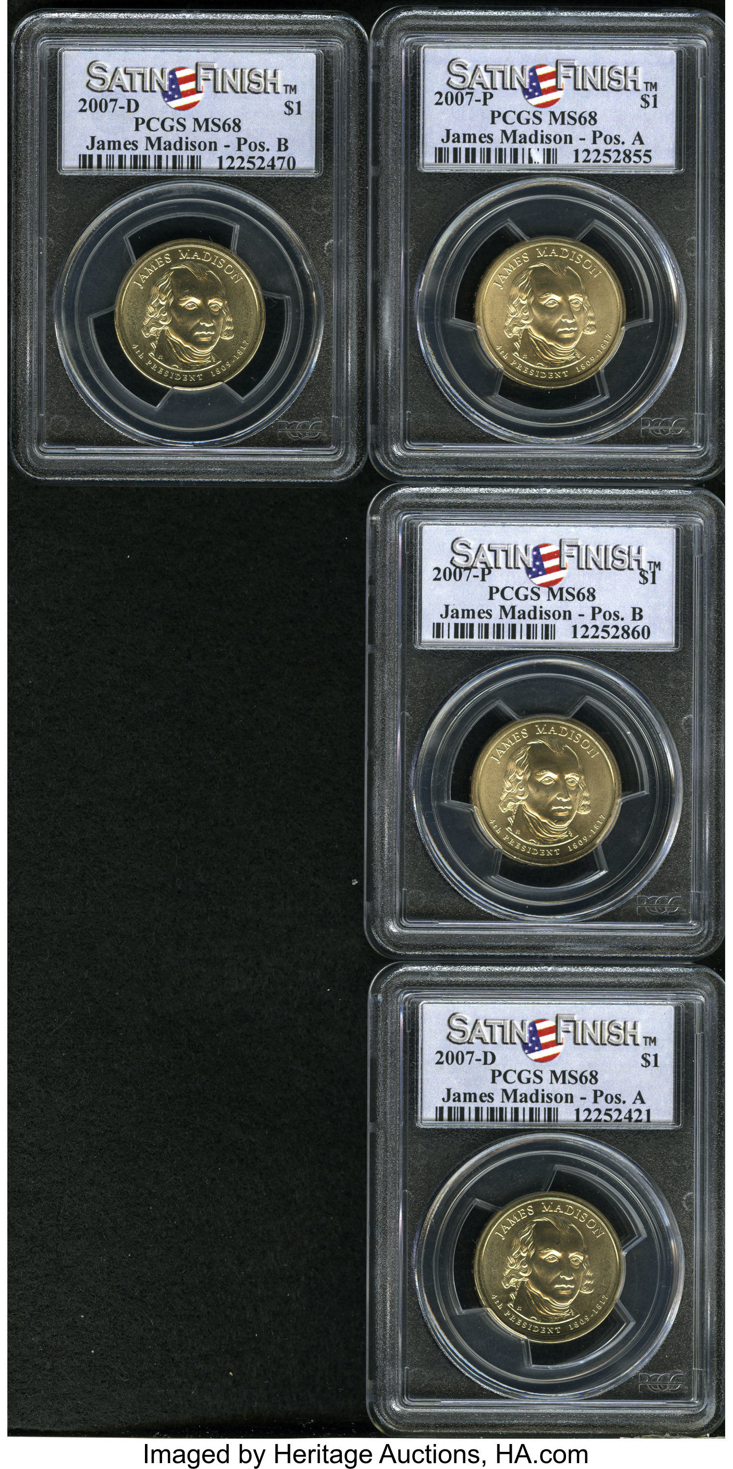 Set of 4 Satin Finish Madison Presidential Dollars MS68 PCGS . The Set includes 2007-P Position A and Position B; and 2007-D ... (Total: 4 coins)