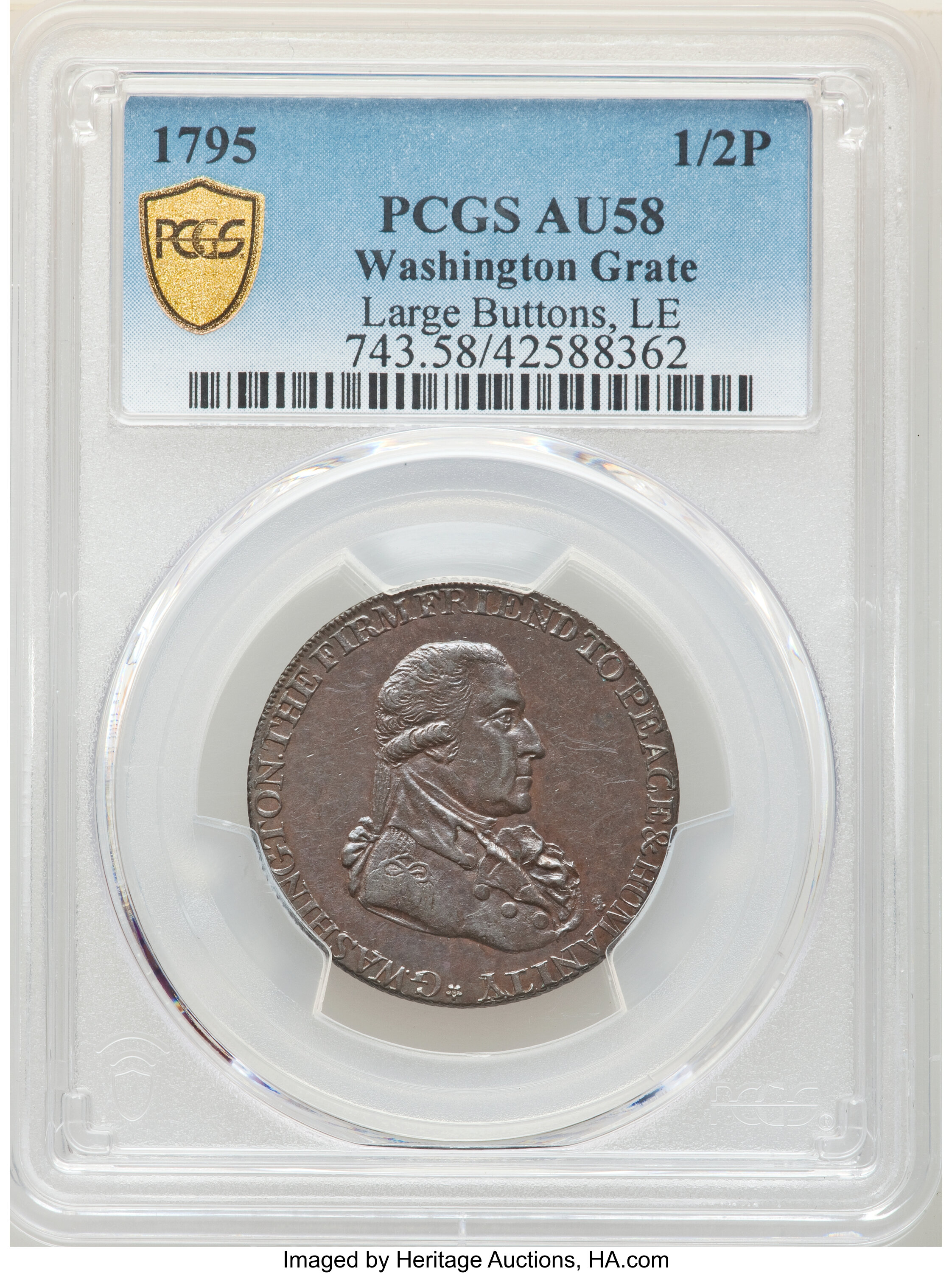 image for: 1795 1/2 P Washington Grate Halfpenny, Large Buttons, Lettered Edge AU58 PCGS. PCGS Population: (5/15 and 0/0+). NGC Census...